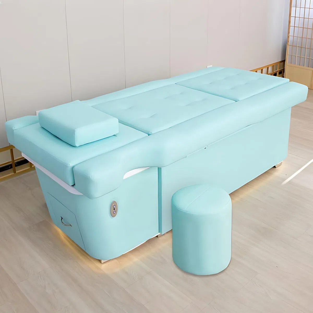 Luxuriöser Massage-Shampoo-Pediküre-Sessel mit elektrischer Rückenlehnenverstellung, Fußbadewanne, Begasungsfunktion und Hocker – Blue Head Spa Equipment