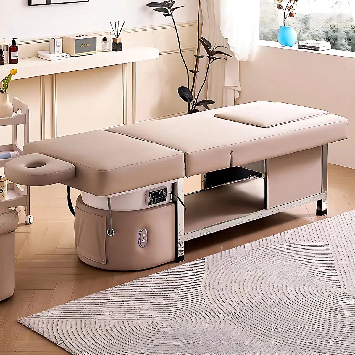 Salon-Waschliege/Pediküre-Stuhl im minimalistischen Stil, karamellbraun, mit Fußbadewanne, Begasung, verstellbarer Rückenlehne, viel Stauraum, Kopfmassage-Ausstattung und Massageliege
